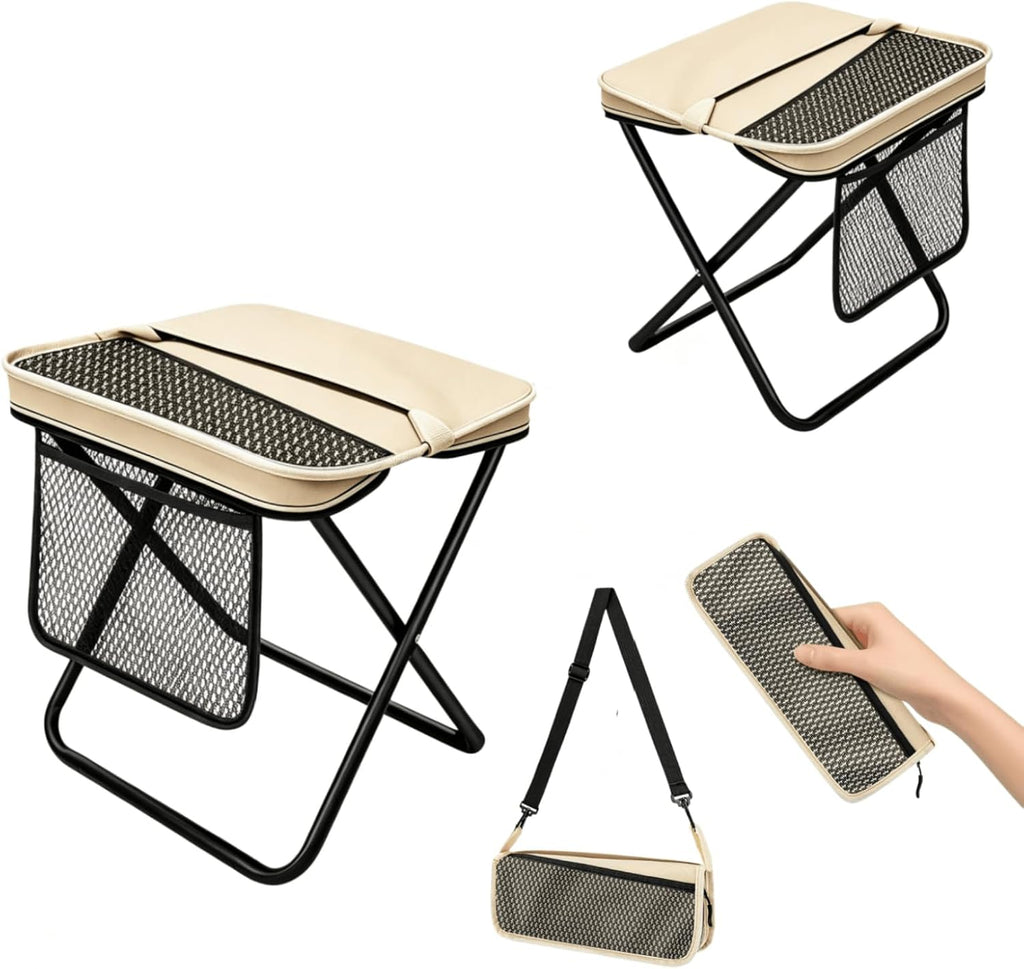 Foldable Backpack Stool, 2 Pcs Tall Portable Folding Stool (Khaki)
