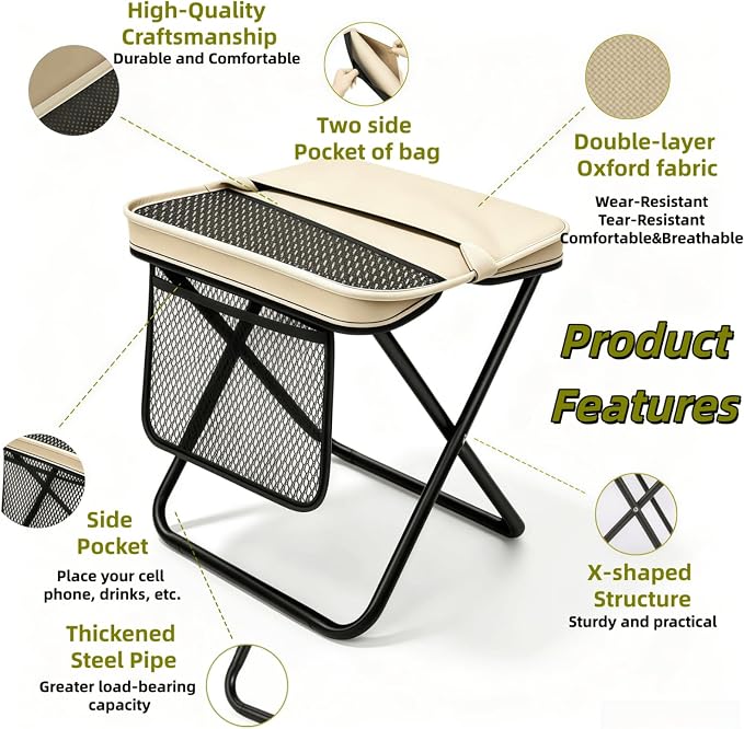 Foldable Backpack Stool, 2 Pcs Tall Portable Folding Stool (Khaki)