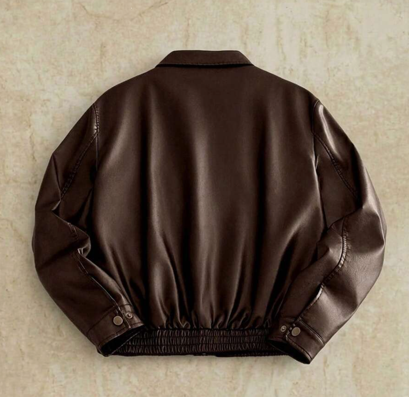 Men's Vintage Leather Bomber Jacket, Dark Brown Autumn Holiday Mocha Long Sleeve Loose Cropped Zip Jacket, Father's Day Gifts, For Spring, Outdoor