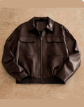 Men's Vintage Leather Bomber Jacket, Dark Brown Autumn Holiday Mocha Long Sleeve Loose Cropped Zip Jacket, Father's Day Gifts, For Spring, Outdoor